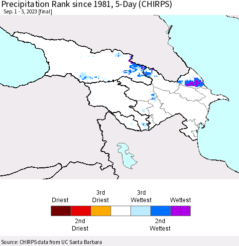 Azerbaijan, Armenia and Georgia Precipitation Rank since 1981, 5-Day (CHIRPS) Thematic Map For 9/1/2023 - 9/5/2023
