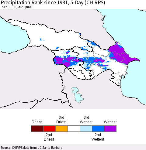 Azerbaijan, Armenia and Georgia Precipitation Rank since 1981, 5-Day (CHIRPS) Thematic Map For 9/6/2023 - 9/10/2023
