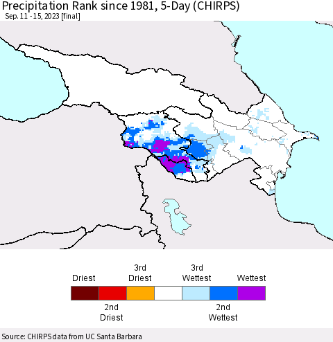 Azerbaijan, Armenia and Georgia Precipitation Rank since 1981, 5-Day (CHIRPS) Thematic Map For 9/11/2023 - 9/15/2023