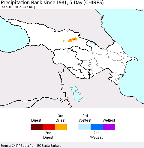 Azerbaijan, Armenia and Georgia Precipitation Rank since 1981, 5-Day (CHIRPS) Thematic Map For 9/16/2023 - 9/20/2023