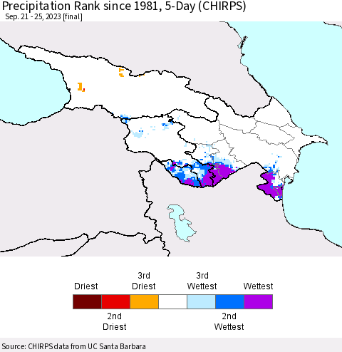 Azerbaijan, Armenia and Georgia Precipitation Rank since 1981, 5-Day (CHIRPS) Thematic Map For 9/21/2023 - 9/25/2023