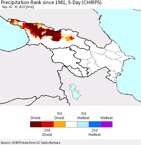 Azerbaijan, Armenia and Georgia Precipitation Rank since 1981, 5-Day (CHIRPS) Thematic Map For 9/26/2023 - 9/30/2023