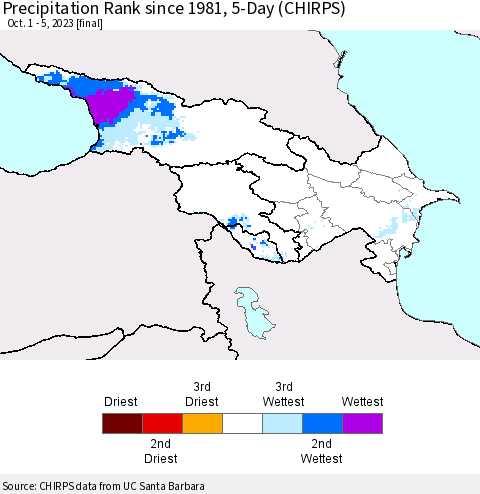 Azerbaijan, Armenia and Georgia Precipitation Rank since 1981, 5-Day (CHIRPS) Thematic Map For 10/1/2023 - 10/5/2023