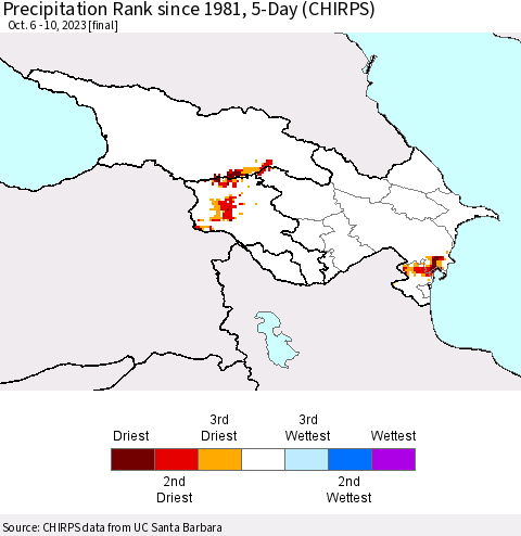 Azerbaijan, Armenia and Georgia Precipitation Rank since 1981, 5-Day (CHIRPS) Thematic Map For 10/6/2023 - 10/10/2023