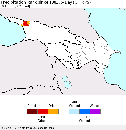Azerbaijan, Armenia and Georgia Precipitation Rank since 1981, 5-Day (CHIRPS) Thematic Map For 10/11/2023 - 10/15/2023