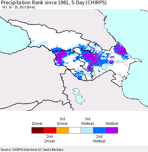 Azerbaijan, Armenia and Georgia Precipitation Rank since 1981, 5-Day (CHIRPS) Thematic Map For 10/16/2023 - 10/20/2023