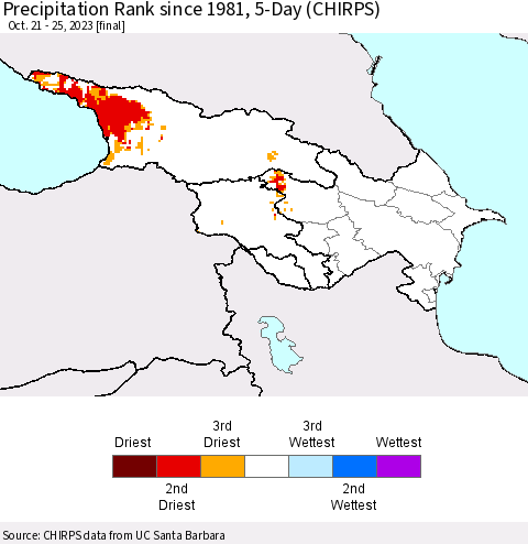 Azerbaijan, Armenia and Georgia Precipitation Rank since 1981, 5-Day (CHIRPS) Thematic Map For 10/21/2023 - 10/25/2023