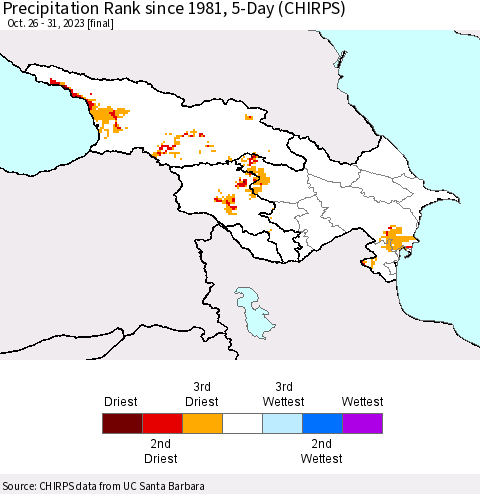 Azerbaijan, Armenia and Georgia Precipitation Rank since 1981, 5-Day (CHIRPS) Thematic Map For 10/26/2023 - 10/31/2023