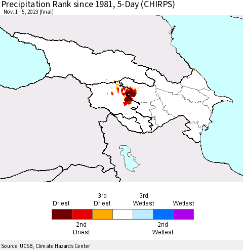 Azerbaijan, Armenia and Georgia Precipitation Rank since 1981, 5-Day (CHIRPS) Thematic Map For 11/1/2023 - 11/5/2023