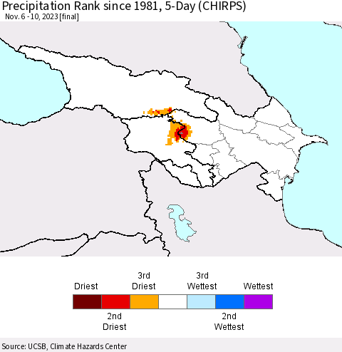 Azerbaijan, Armenia and Georgia Precipitation Rank since 1981, 5-Day (CHIRPS) Thematic Map For 11/6/2023 - 11/10/2023