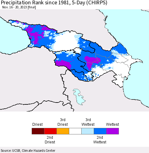 Azerbaijan, Armenia and Georgia Precipitation Rank since 1981, 5-Day (CHIRPS) Thematic Map For 11/16/2023 - 11/20/2023