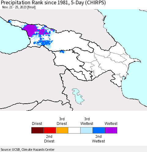 Azerbaijan, Armenia and Georgia Precipitation Rank since 1981, 5-Day (CHIRPS) Thematic Map For 11/21/2023 - 11/25/2023