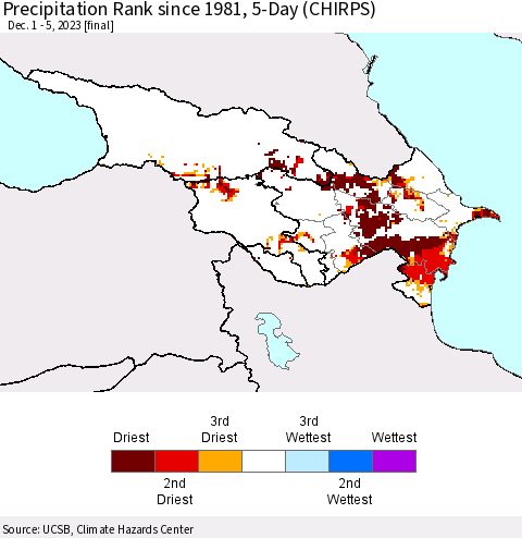 Azerbaijan, Armenia and Georgia Precipitation Rank since 1981, 5-Day (CHIRPS) Thematic Map For 12/1/2023 - 12/5/2023
