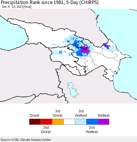 Azerbaijan, Armenia and Georgia Precipitation Rank since 1981, 5-Day (CHIRPS) Thematic Map For 12/6/2023 - 12/10/2023