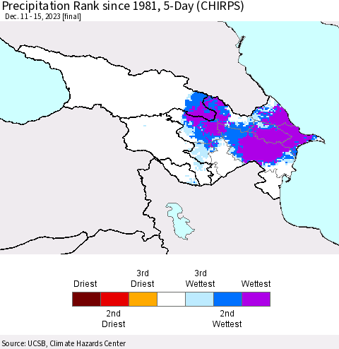Azerbaijan, Armenia and Georgia Precipitation Rank since 1981, 5-Day (CHIRPS) Thematic Map For 12/11/2023 - 12/15/2023