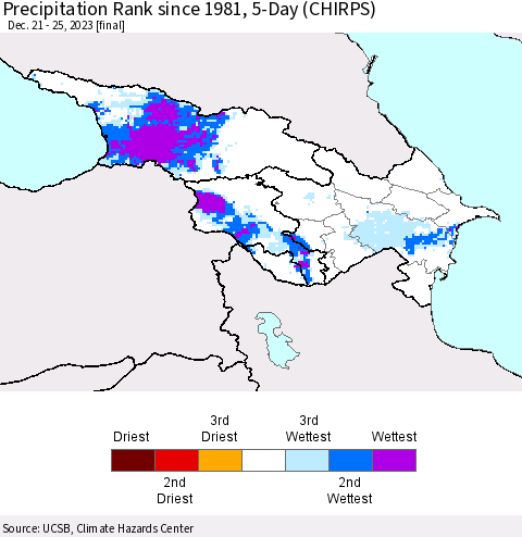Azerbaijan, Armenia and Georgia Precipitation Rank since 1981, 5-Day (CHIRPS) Thematic Map For 12/21/2023 - 12/25/2023