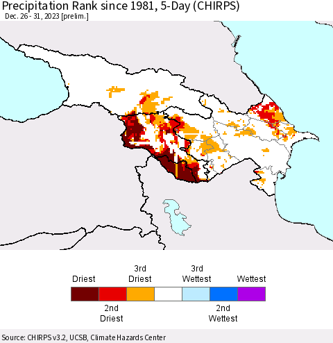 Azerbaijan, Armenia and Georgia Precipitation Rank since 1981, 5-Day (CHIRPS) Thematic Map For 12/26/2023 - 12/31/2023