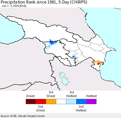 Azerbaijan, Armenia and Georgia Precipitation Rank since 1981, 5-Day (CHIRPS) Thematic Map For 1/1/2024 - 1/5/2024