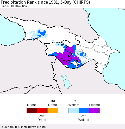 Azerbaijan, Armenia and Georgia Precipitation Rank since 1981, 5-Day (CHIRPS) Thematic Map For 1/6/2024 - 1/10/2024