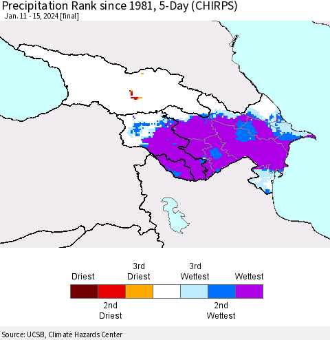 Azerbaijan, Armenia and Georgia Precipitation Rank since 1981, 5-Day (CHIRPS) Thematic Map For 1/11/2024 - 1/15/2024