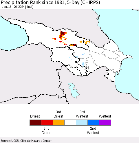 Azerbaijan, Armenia and Georgia Precipitation Rank since 1981, 5-Day (CHIRPS) Thematic Map For 1/16/2024 - 1/20/2024