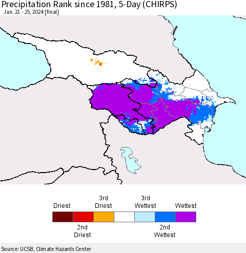 Azerbaijan, Armenia and Georgia Precipitation Rank since 1981, 5-Day (CHIRPS) Thematic Map For 1/21/2024 - 1/25/2024