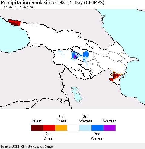 Azerbaijan, Armenia and Georgia Precipitation Rank since 1981, 5-Day (CHIRPS) Thematic Map For 1/26/2024 - 1/31/2024