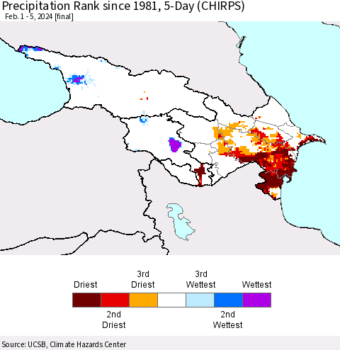 Azerbaijan, Armenia and Georgia Precipitation Rank since 1981, 5-Day (CHIRPS) Thematic Map For 2/1/2024 - 2/5/2024