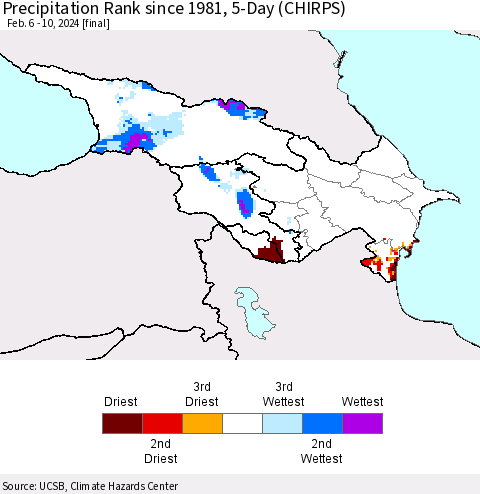 Azerbaijan, Armenia and Georgia Precipitation Rank since 1981, 5-Day (CHIRPS) Thematic Map For 2/6/2024 - 2/10/2024