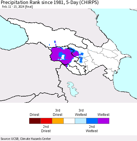 Azerbaijan, Armenia and Georgia Precipitation Rank since 1981, 5-Day (CHIRPS) Thematic Map For 2/11/2024 - 2/15/2024