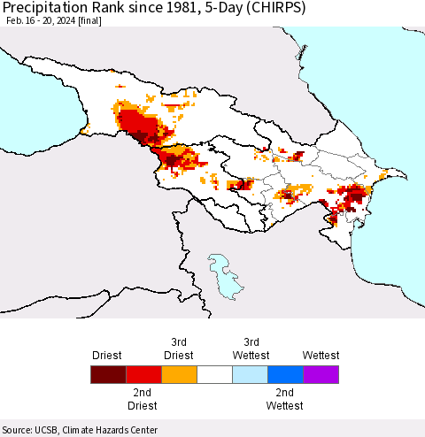 Azerbaijan, Armenia and Georgia Precipitation Rank since 1981, 5-Day (CHIRPS) Thematic Map For 2/16/2024 - 2/20/2024