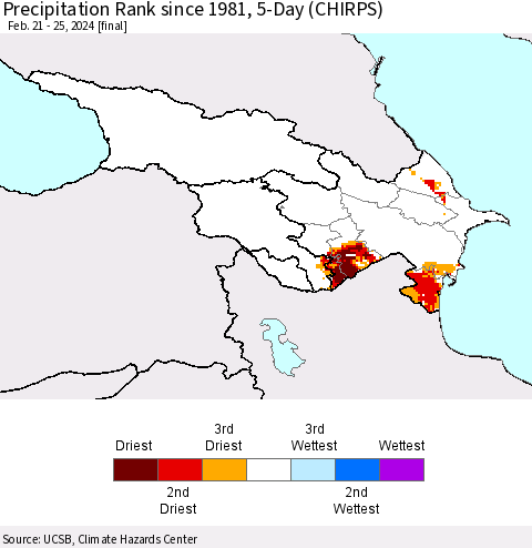 Azerbaijan, Armenia and Georgia Precipitation Rank since 1981, 5-Day (CHIRPS) Thematic Map For 2/21/2024 - 2/25/2024