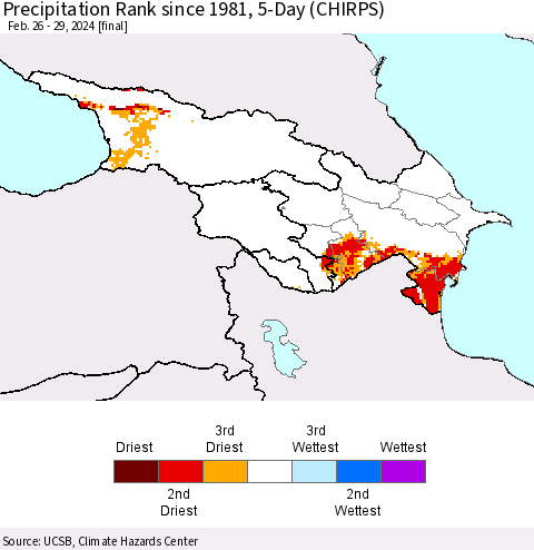 Azerbaijan, Armenia and Georgia Precipitation Rank since 1981, 5-Day (CHIRPS) Thematic Map For 2/26/2024 - 2/29/2024