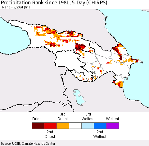 Azerbaijan, Armenia and Georgia Precipitation Rank since 1981, 5-Day (CHIRPS) Thematic Map For 3/1/2024 - 3/5/2024