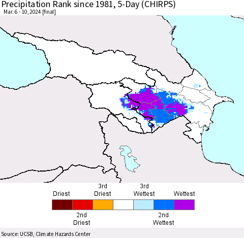 Azerbaijan, Armenia and Georgia Precipitation Rank since 1981, 5-Day (CHIRPS) Thematic Map For 3/6/2024 - 3/10/2024