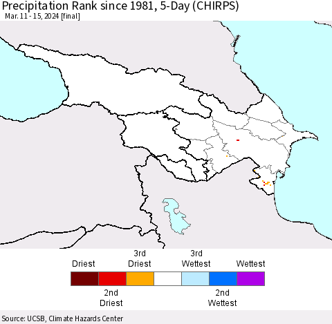 Azerbaijan, Armenia and Georgia Precipitation Rank since 1981, 5-Day (CHIRPS) Thematic Map For 3/11/2024 - 3/15/2024