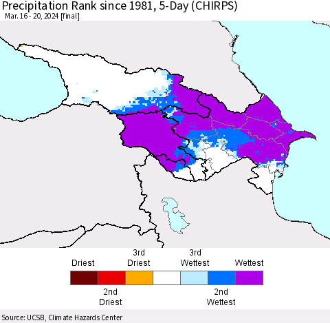 Azerbaijan, Armenia and Georgia Precipitation Rank since 1981, 5-Day (CHIRPS) Thematic Map For 3/16/2024 - 3/20/2024