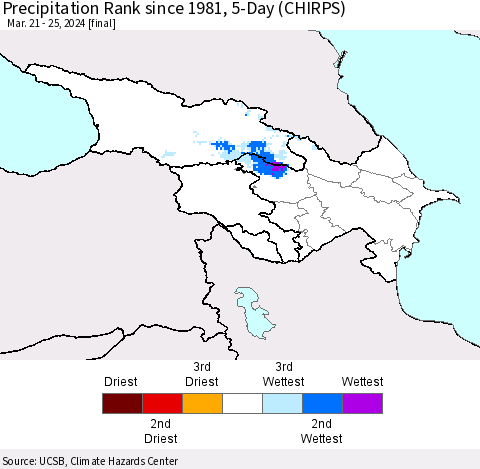 Azerbaijan, Armenia and Georgia Precipitation Rank since 1981, 5-Day (CHIRPS) Thematic Map For 3/21/2024 - 3/25/2024