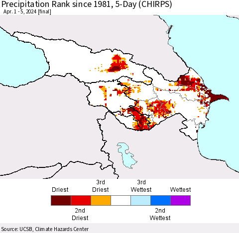 Azerbaijan, Armenia and Georgia Precipitation Rank since 1981, 5-Day (CHIRPS) Thematic Map For 4/1/2024 - 4/5/2024