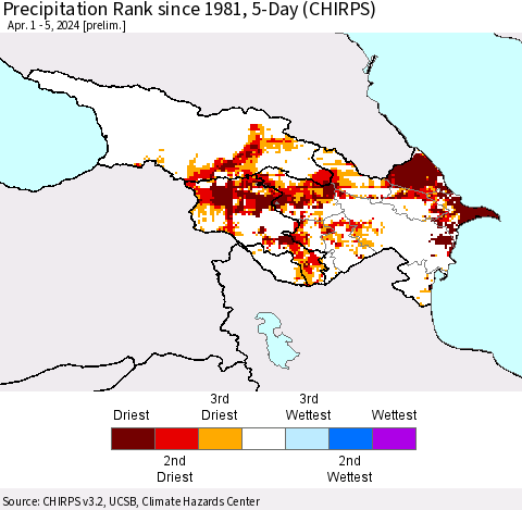 Azerbaijan, Armenia and Georgia Precipitation Rank since 1981, 5-Day (CHIRPS) Thematic Map For 4/1/2024 - 4/5/2024