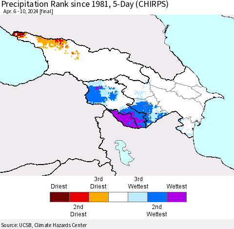 Azerbaijan, Armenia and Georgia Precipitation Rank since 1981, 5-Day (CHIRPS) Thematic Map For 4/6/2024 - 4/10/2024