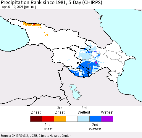 Azerbaijan, Armenia and Georgia Precipitation Rank since 1981, 5-Day (CHIRPS) Thematic Map For 4/6/2024 - 4/10/2024