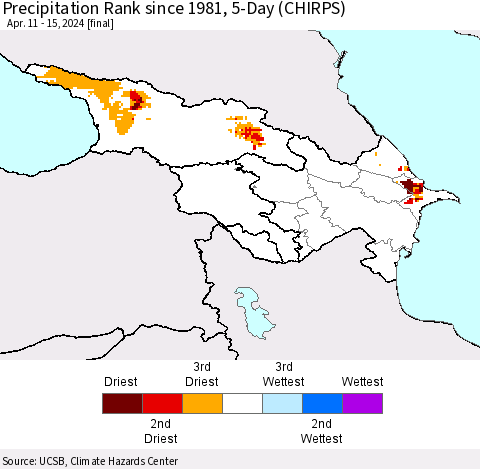 Azerbaijan, Armenia and Georgia Precipitation Rank since 1981, 5-Day (CHIRPS) Thematic Map For 4/11/2024 - 4/15/2024