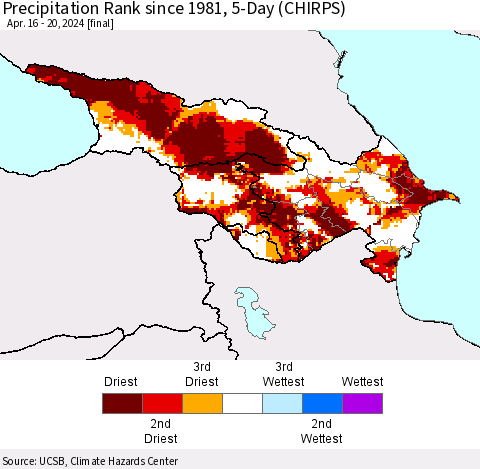 Azerbaijan, Armenia and Georgia Precipitation Rank since 1981, 5-Day (CHIRPS) Thematic Map For 4/16/2024 - 4/20/2024