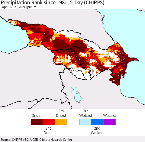 Azerbaijan, Armenia and Georgia Precipitation Rank since 1981, 5-Day (CHIRPS) Thematic Map For 4/16/2024 - 4/20/2024