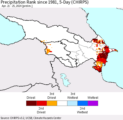 Azerbaijan, Armenia and Georgia Precipitation Rank since 1981, 5-Day (CHIRPS) Thematic Map For 4/21/2024 - 4/25/2024