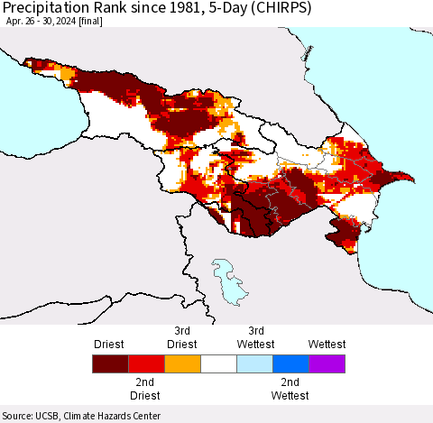 Azerbaijan, Armenia and Georgia Precipitation Rank since 1981, 5-Day (CHIRPS) Thematic Map For 4/26/2024 - 4/30/2024