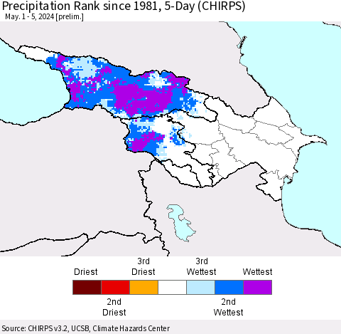 Azerbaijan, Armenia and Georgia Precipitation Rank since 1981, 5-Day (CHIRPS) Thematic Map For 5/1/2024 - 5/5/2024