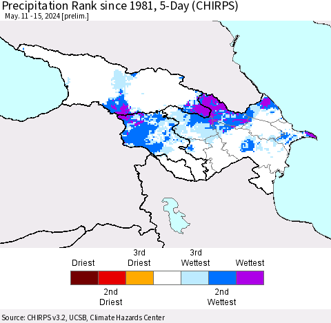 Azerbaijan, Armenia and Georgia Precipitation Rank since 1981, 5-Day (CHIRPS) Thematic Map For 5/11/2024 - 5/15/2024