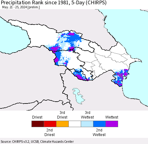 Azerbaijan, Armenia and Georgia Precipitation Rank since 1981, 5-Day (CHIRPS) Thematic Map For 5/21/2024 - 5/25/2024